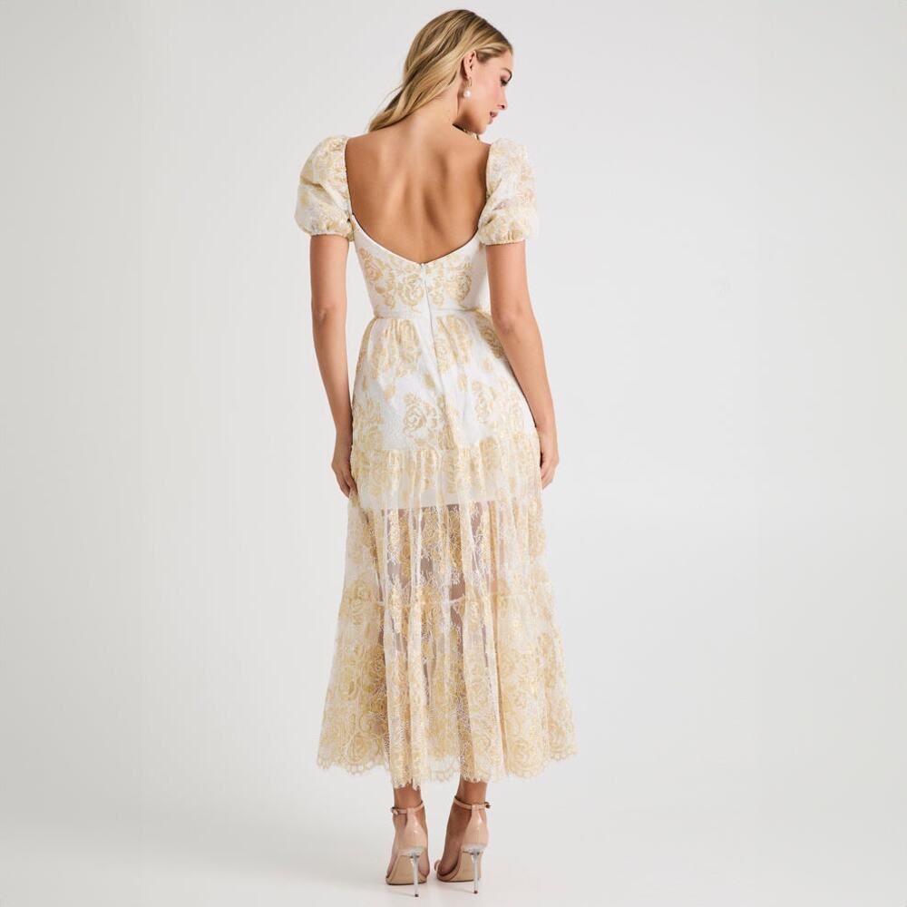 Helsi Corinne Off White Gold Puff Sleeve Floral Maxi Dress XL NWT - Picture 3 of 11